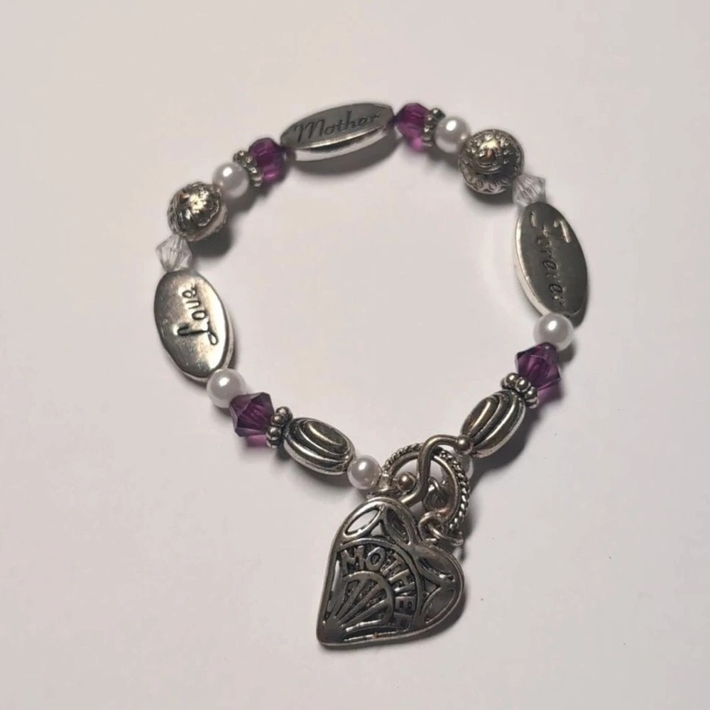 Silver Purple Faceted Faux Pearl Mother Love Forever Beaded Charm Tennis Brac